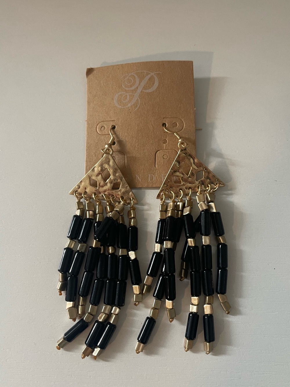 Plunder Gold-Tone Earrings with Black Beaded Fringe